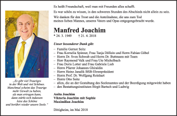 Traueranzeige von Manfred Joachim von Fränkische Nachrichten