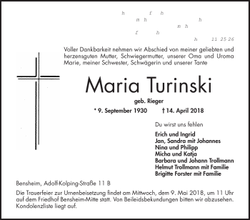 Traueranzeige von Maria Turinski von Bergsträßer Anzeiger