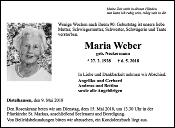 Traueranzeige von Maria Weber von Fränkische Nachrichten