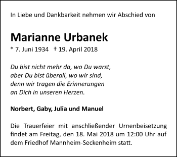 Traueranzeige von Marianne Urbanek von Mannheimer Morgen