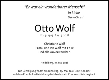 Traueranzeige von Otto Wolf von Schwetzinger Zeitung