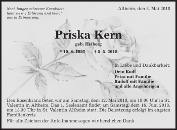 Traueranzeige von Priska Kern von Fränkische Nachrichten