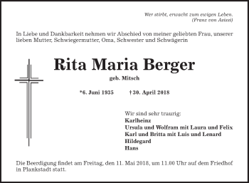 Traueranzeige von Rita Maria Berger von Schwetzinger Zeitung