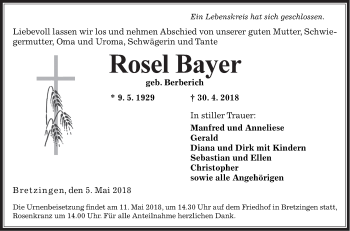 Traueranzeige von Rosel Bayer von Fränkische Nachrichten