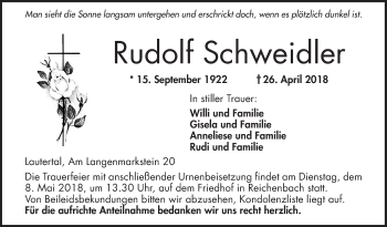 Traueranzeige von Rudolf Schweidler von Bergsträßer Anzeiger