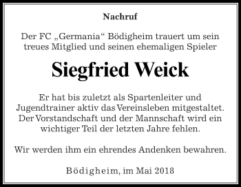 Traueranzeige von Siegfried Weick von Fränkische Nachrichten