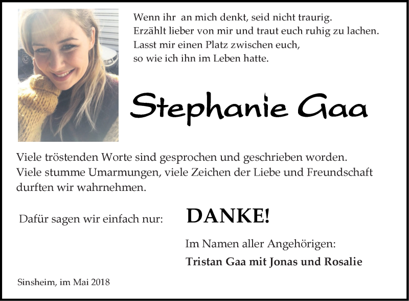  Traueranzeige für Stephanie Gaa vom 12.05.2018 aus Schwetzinger Zeitung