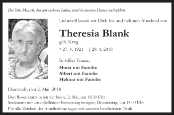 Traueranzeige von Theresia Blank von Fränkische Nachrichten