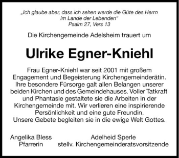 Traueranzeige von Ulrike Egner-Kniehl von Fränkische Nachrichten