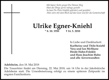 Traueranzeige von Ulrike Egner-Kniehl von Fränkische Nachrichten