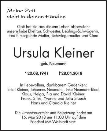 Traueranzeige von Ursula Kleiner von Mannheimer Morgen