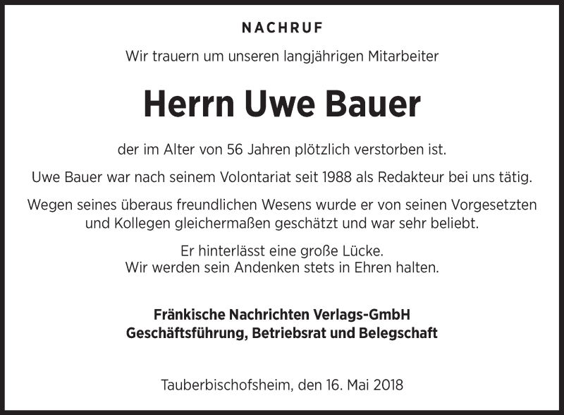  Traueranzeige für Uwe Bauer vom 16.05.2018 aus Fränkische Nachrichten