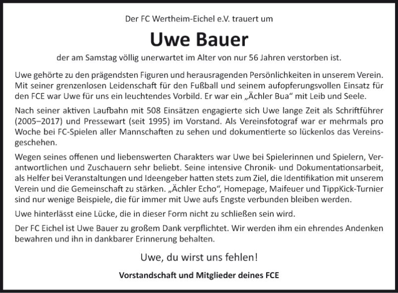  Traueranzeige für Uwe Bauer vom 17.05.2018 aus Fränkische Nachrichten