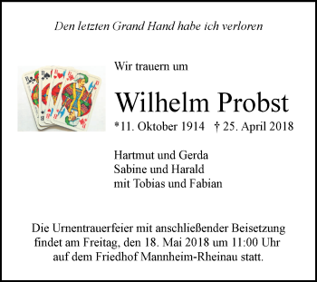 Traueranzeige von Wilhelm Probst von Mannheimer Morgen