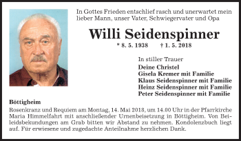 Traueranzeige von Willi Seidenspinner von Fränkische Nachrichten