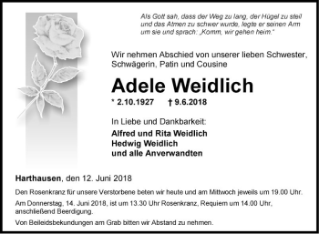 Traueranzeige von Adele Weidlich von Fränkische Nachrichten