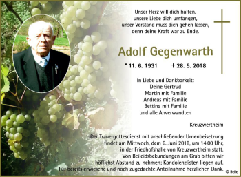 Traueranzeige von Adolf Gegenwarth von Fränkische Nachrichten