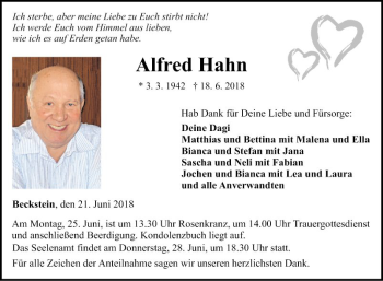 Traueranzeige von Alfred Hahn von Fränkische Nachrichten