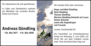 Traueranzeige von Andreas Gündling von Bergsträßer Anzeiger