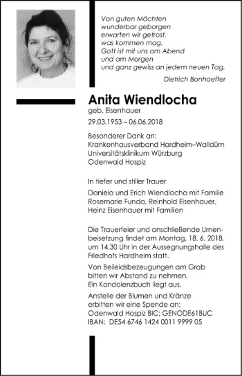 Traueranzeige von Anita Wiendlocha von Fränkische Nachrichten