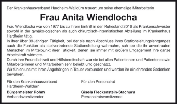 Traueranzeige von Anita Wiendlocha von Fränkische Nachrichten