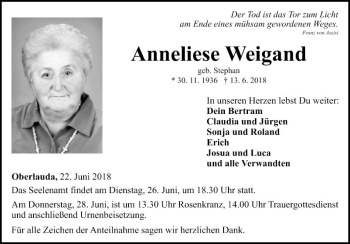 Traueranzeige von Anneliese Weigand von Fränkische Nachrichten