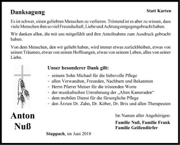 Traueranzeige von Anton Nuß von Fränkische Nachrichten