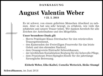 Traueranzeige von August Weber von Fränkische Nachrichten