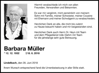 Traueranzeige von Barbara Müller von Fränkische Nachrichten