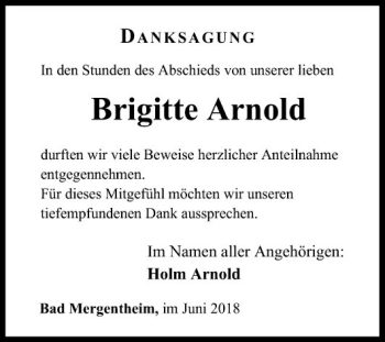 Traueranzeige von Brigitte Arnold von Fränkische Nachrichten