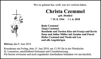 Traueranzeige von Christa Czemmel von Fränkische Nachrichten