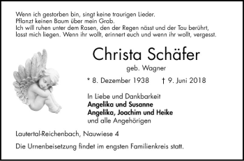 Traueranzeige von Christa Schäfer von Bergsträßer Anzeiger