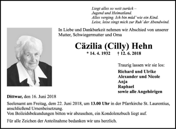 Traueranzeige von Cäzilia Hehn von Fränkische Nachrichten