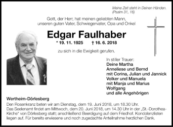 Traueranzeige von Edgar Faulhaber von Fränkische Nachrichten