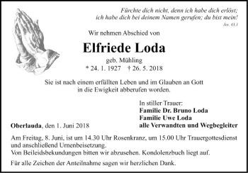 Traueranzeige von Elfriede Loda von Fränkische Nachrichten