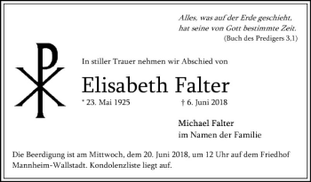 Traueranzeige von Elisabeth Falter von Mannheimer Morgen