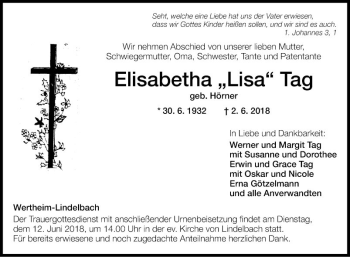 Traueranzeige von Elisabetha Lisa Tag von Fränkische Nachrichten