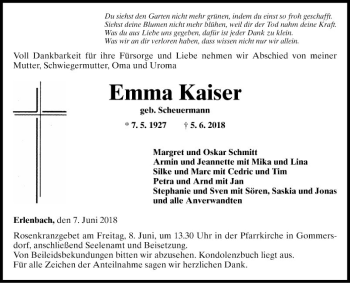 Traueranzeige von Emma Kaiser von Fränkische Nachrichten