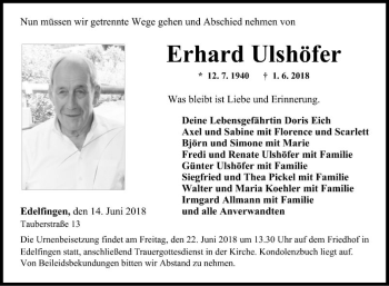 Traueranzeige von Erhard Ulshöfer von Fränkische Nachrichten