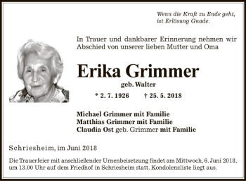 Traueranzeige von Erika Grimmer von Mannheimer Morgen