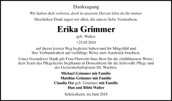 Traueranzeige von Erika Grimmer von Mannheimer Morgen