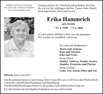 Traueranzeige von Erika Hammrich von Fränkische Nachrichten