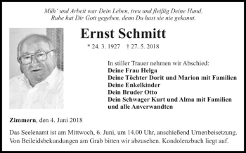 Traueranzeige von Ernst Schmitt von Fränkische Nachrichten