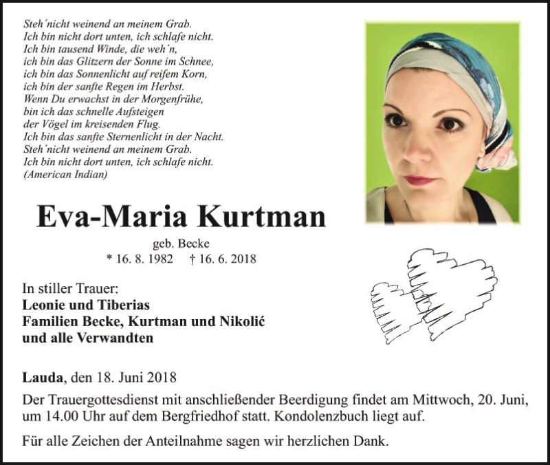  Traueranzeige für Eva-Maria Kurtman vom 18.06.2018 aus Fränkische Nachrichten