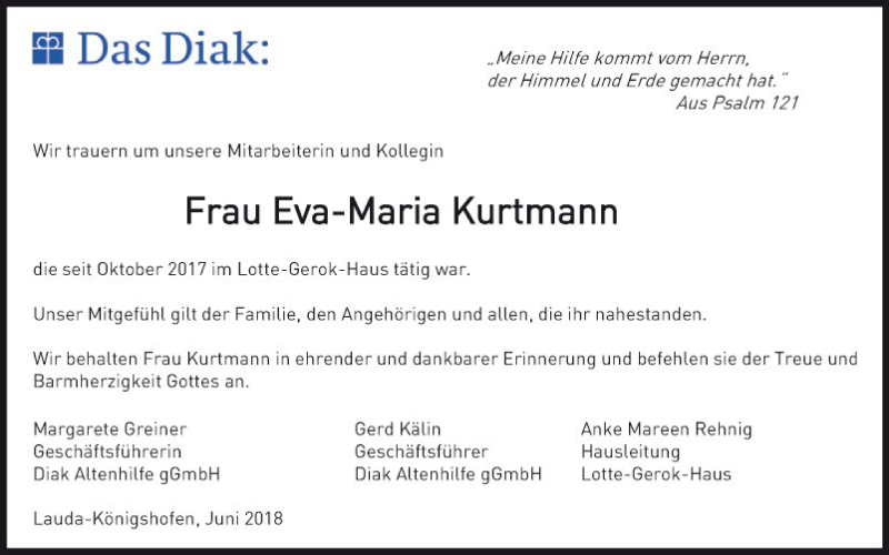  Traueranzeige für Eva-Maria Kurtman vom 20.06.2018 aus Fränkische Nachrichten
