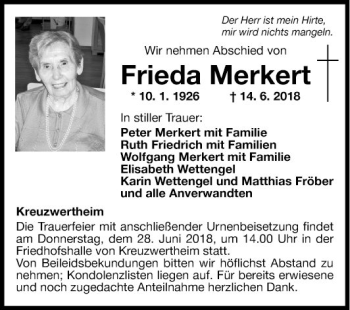 Traueranzeige von Frieda Merkert von Fränkische Nachrichten