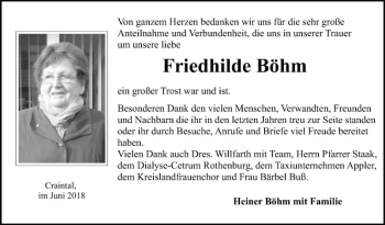 Traueranzeige von Friedhilde Böhm von Fränkische Nachrichten