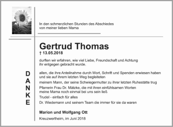 Traueranzeige von Gertrud Thomas von Fränkische Nachrichten