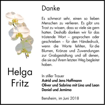 Traueranzeige von Helga Fritz von Bergsträßer Anzeiger