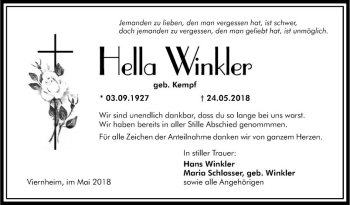 Traueranzeige von Hella Winkler von Südhessen Morgen